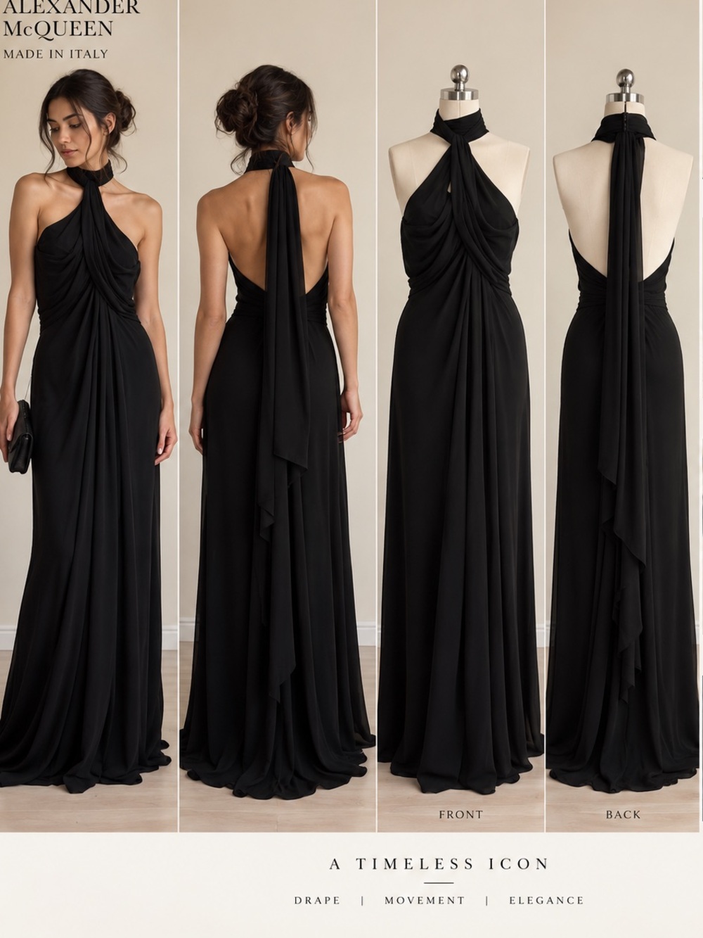 Alexander McQueen Black Halter Draped Maxi Dress